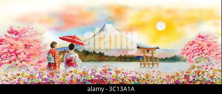 Viaggia sul Monte Fuji del Giappone - famosi luoghi di interesse asiatici. Donna che indossa un kimono tradizionale giapponese con ombrello. Illustrazione della pittura ad acquerello in S Illustrazione Vettoriale