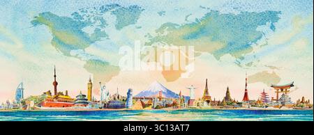 Famosi luoghi di interesse del mondo raggruppati insieme. Viaggia in tutto il mondo in asia, europa, america. Illustrazione del paesaggio ad acquerello sulla mappa del mondo. Illustrazione Vettoriale