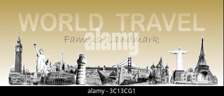 Viaggia intorno ai monumenti famosi in tutto il mondo. Viaggia in america, europa, asia, skyline. Pittura ad acquerello illustrazione stile vettoriale, Landm Illustrazione Vettoriale