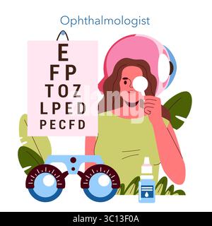 Illustrazione vettoriale di una persona sottoposta a un esame oculistico mediante un test della mappa oculistica. L'individuo copre un occhio mentre vengono visualizzati un apparato oftalmologico e gocce oculari. Illustrazione Vettoriale