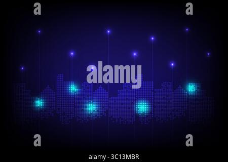 Città intelligente fatta di pixel blu luminosi su sfondo scuro, che assomiglia a uno skyline digitale futuristico, illustrazione vettoriale Illustrazione Vettoriale