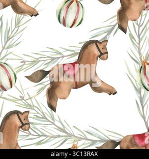 Motivo natalizio senza cuciture tradizionale per il design tessile. Rami di abete rosso, palle d'albero vintage e sfondo di acquerello giocattolo in legno, nuovo Foto Stock