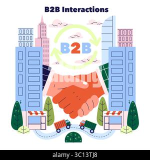 Illustrazione vettoriale di un'interazione B2B raffigurata da una stretta di mano in mezzo a un paesaggio urbano. L'illustrazione mette in evidenza il concetto di cooperazione commerciale tra le imprese. Illustrazione Vettoriale