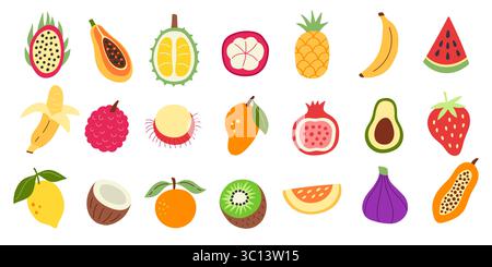 Illustrazioni vettoriali di cartoni animati Fruits, grande set di icone Illustrazione Vettoriale