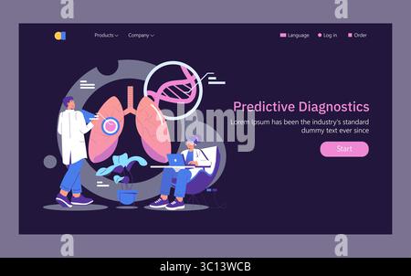 Illustrazione vettoriale che raffigura la diagnostica predittiva, con una persona in un camice da laboratorio che interagisce con rappresentazioni digitali di polmoni e DNA mentre una donna lavora su un laptop. Illustrazione Vettoriale