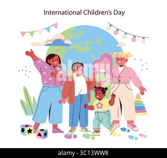 Illustrazione vettoriale di un gruppo eterogeneo di persone, tra cui adulti e bambini, che celebrano con sorrisi e gioia la giornata internazionale dei bambini, con decorazioni giocose e uno sfondo a globo. Illustrazione Vettoriale