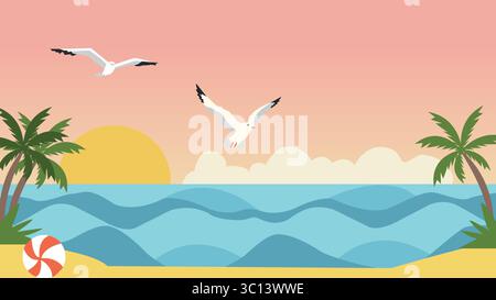 Spiaggia con palme, gabbiani, onde e cielo al tramonto Illustrazione Vettoriale