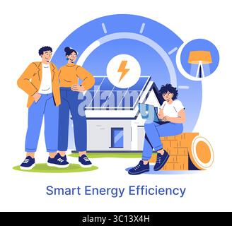 Illustrazione vettoriale di una coppia in piedi vicino a una casa moderna con pannelli solari mentre una persona lavora su un laptop, simboleggiando l'efficienza energetica intelligente e la vita sostenibile. Illustrazione Vettoriale