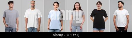 Persone con magliette diverse su sfondo grigio. Mockup per il design Foto Stock