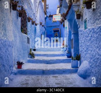 Vista di un affascinante vicolo blu con gradini e piante in vaso, pareti dipinte in varie sfumature di blu, che creano una scena serena e pittoresca, CH Foto Stock