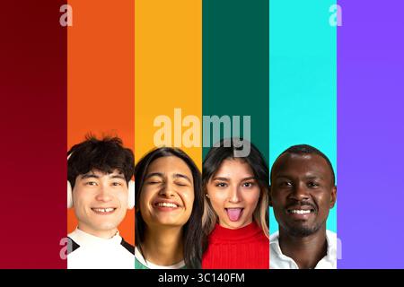 Gruppo di giovani adulti sorridenti con sfondi verticali arcobaleno. Concetto di campagne multiculturali per giovani, grafica didattica, stile di vita inclusivo Foto Stock