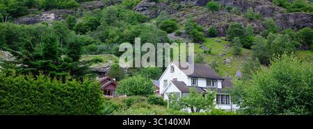 Tradizionale casa in legno circondata da vegetazione lussureggiante e colline rocciose a Flåm, Norvegia, che offre un tranquillo paesaggio rurale scandinavo. Foto Stock