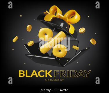 Design del banner Black Friday con un grande segno di percentuale e monete in una confezione regalo nera al buio Illustrazione Vettoriale
