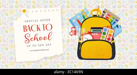 Banner Back to School con zaino scolastico e provviste. Illustrazione vettoriale in stile piatto Illustrazione Vettoriale