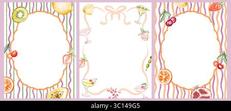 Set di modelli per biglietti di auguri di frutta con cornice ovale su sfondo ondulato a strisce. Comprende limoni acquerelli, bacche, mandarini, ciliegie, kiwi. Perfetto Foto Stock