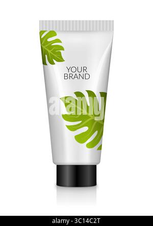 mockup modello pacchetto di prodotti per banner cosmetici 3d. Confezione cosmetica tropicale estiva Illustrazione Vettoriale