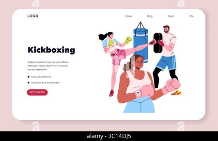 Illustrazione vettoriale che raffigura un gruppo eterogeneo impegnato nel kickboxing. Con una borsa per punzonare, gli individui che praticano scioperi e calci, mostrando una scena di classe attiva. Illustrazione Vettoriale