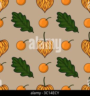 Motivo vettoriale senza cuciture con elementi autunnali disegnati a mano: Frutti di physalis, foglie di quercia e piccoli bacche di arancia, creando un design rustico e vivace Illustrazione Vettoriale