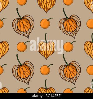 Motivo vettoriale senza cuciture di fichi e arance disegnate a mano su sfondo beige, caratterizzato da intricati dettagli line art per un design autunnale. Illustrazione Vettoriale