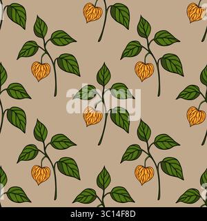 Motivo vettoriale senza cuciture di rami Physalis stilizzati con frutti d'arancia e foglie verdi su sfondo beige, creando un delicato design autunnale. Illustrazione Vettoriale