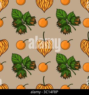 Motivo vettoriale senza cuciture con nocciole, fichi e frutti di bosco disegnati a mano, creando un design autunnale rustico ideale per progetti a tema autunnale Illustrazione Vettoriale