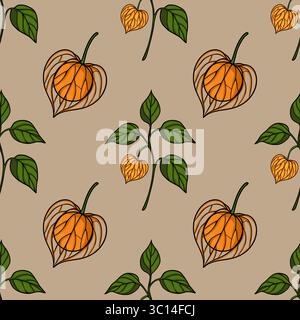 Motivo vettoriale senza cuciture con filati arancioni stilizzati e foglie verdi su sfondo beige, creando un design autunnale unico. Illustrazione Vettoriale