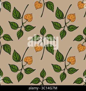 Motivo vettoriale senza cuciture di rami di Physalis stilizzati con frutti d'arancia e foglie verdi su sfondo beige, perfetto per i design a tema autunnale. Illustrazione Vettoriale