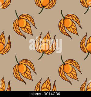 Motivo vettoriale senza cuciture di frutti di fitis stilizzati in calde tonalità arancioni su sfondo beige, creando un design autunnale unico ideale per i texti Illustrazione Vettoriale