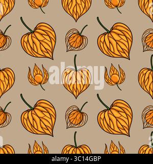 Motivo vettoriale senza cuciture con illustrazioni dettagliate di frutti di fitis in vivaci sfumature arancioni su sfondo beige, creando un'autunnale unica Illustrazione Vettoriale
