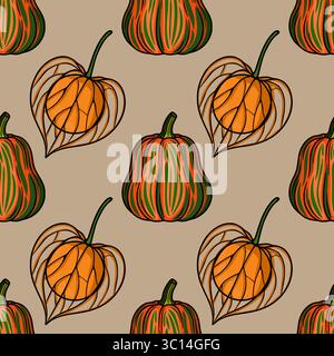 Motivo vettoriale senza cuciture con zucche autunnali e filis disegnate a mano nei colori arancione, verde e beige, perfetto per i design autunnali e i tessuti Illustrazione Vettoriale
