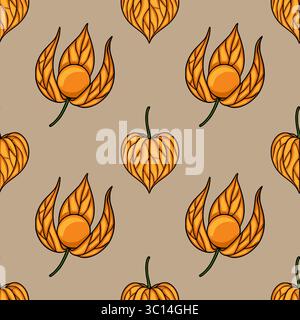 Motivo vettoriale senza cuciture con frutti di fitis arancioni stilizzati in un design ripetuto su sfondo beige, che offre un'estetica autunnale unica. Illustrazione Vettoriale