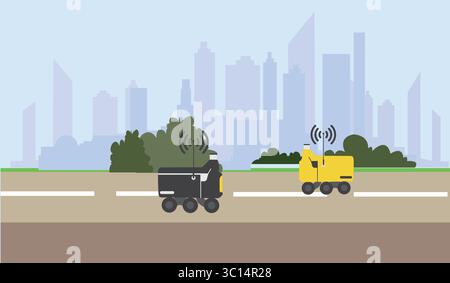 Un robot per la consegna degli alimenti sta scendendo lungo il marciapiede. Robot autonomo per la consegna di alimenti sul marciapiede con auto senza conducente nel paesaggio urbano, Flat Vector Cartoon Illustrazione Vettoriale