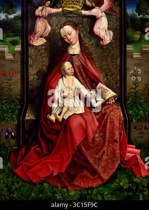 Madonna incoronata dagli Angeli 1476 - 1482 XV secolo dal Maestro del Groeningemuseum del Foliage ricamato, museo municipale, Bruges, Belgio, fiammingo, ( questa Madonna è una fusione di elementi da due composizioni di Rogier van der Weyden. Il bambino Gesù è copiato esattamente dalla Madonna di Van der Weyden senza variazioni. ) Foto Stock