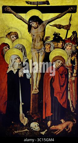 Crocifissione 1440 del maestro della Madonna del XV secolo di Wolfhard Strauß a cura del Groeningemuseum, museo municipale, Bruges, Belgio, fiammingo, ( mentre il gruppo – con Maria piangente, in prima linea a sinistra, e Giovanni a destra (in rosso) – è concentrato sulla figura del Cristo crocifisso che torreggia sopra di loro, un'altra scena sta suonando ai loro piedi. Lì, vediamo un cane abbaiare, allarmato da un teschio disteso a terra insieme a due ossa, tra l'erba e i fiori ) Foto Stock