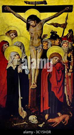 Crocifissione 1440 del maestro della Madonna del XV secolo di Wolfhard Strauß a cura del Groeningemuseum, museo municipale, Bruges, Belgio, fiammingo, ( mentre il gruppo – con Maria piangente, in prima linea a sinistra, e Giovanni a destra (in rosso) – è concentrato sulla figura del Cristo crocifisso che torreggia sopra di loro, un'altra scena sta suonando ai loro piedi. Lì, vediamo un cane abbaiare, allarmato da un teschio disteso a terra insieme a due ossa, tra l'erba e i fiori ) Foto Stock