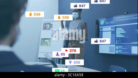 Presentazione della donna nera in maschera con le lavagne a fogli mobili nella sala riunioni, con icone di notifica Foto Stock