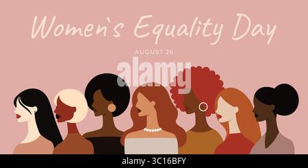 Striscione per la giornata delle donne con diverse silhouette femminili illustrazione vettoriale. Illustrazione Vettoriale