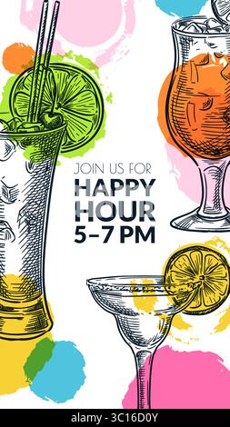 Banner verticale con cocktail tropicali estivi e forme acquerello. Illustrazione dello schizzo disegnato a mano vettoriale. Sfondo per la storia dei social media, mobile Illustrazione Vettoriale