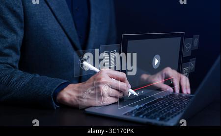 Concetto di e-learning. Istruzione su Internet, apprendimento online con webinar, lezioni e corsi online, tutorial video, tecnologia Smart Education, Foto Stock