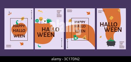 Poster minimalista di halloween e biglietti d'auguri con zucche e foglie autunnali. Illustrazione Vettoriale