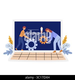 Team aziendale che prepara il lancio della startup, assembla gli ingranaggi, nuovo concetto di startup aziendale. Può essere utilizzato per il prestito di pagine, volantini o banner. Illustrazione Vettoriale