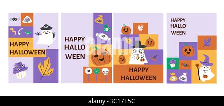 Felici fantasmi e zucche di halloween con caramelle e decorazioni. Illustrazione Vettoriale