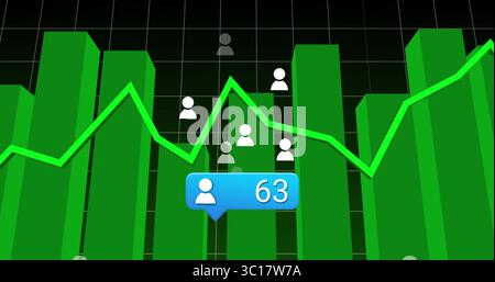 Visualizzazione di barre verdi 3D e grafici a linee sul dashboard griglia, con descrizione comandi blu e icone utente Foto Stock