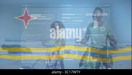 Ciclisti che pedalano fianco a fianco su una spiaggia sabbiosa, con sovrapposizione mappa del mondo, carte dati, strisce gialle Foto Stock