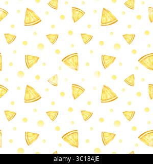 Motivo acquerello senza cuciture con fette di limone e macchie di acquerello. Stampa estiva fresca e succosa per abbigliamento per bambini, tessuti per la cucina, tessuti e carta da imballaggio. Succo di limone. Foto Stock