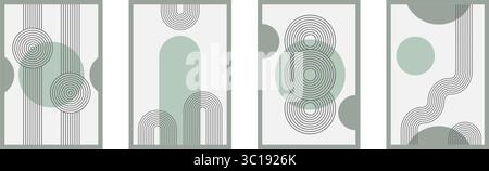 Set di poster ad arco Zen, arco e forme semplici. Elementi minimali con motivo zen giapponese geometrico. Strisce in stile boho Illustrazione Vettoriale