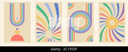 Set di poster ad arco Zen, arco e forme semplici in stile retrò. Motivo zen giapponese arcobaleno geometrico, elementi minimali. Strisce in stile boho Illustrazione Vettoriale