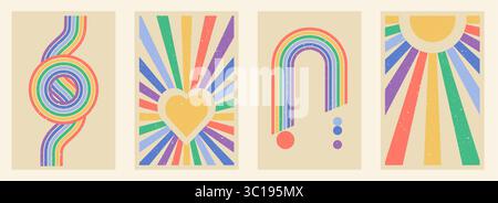 Set di poster ad arco Zen, arco e forme semplici in stile retrò. Motivo zen giapponese arcobaleno geometrico, elementi minimali. Strisce in stile boho Illustrazione Vettoriale
