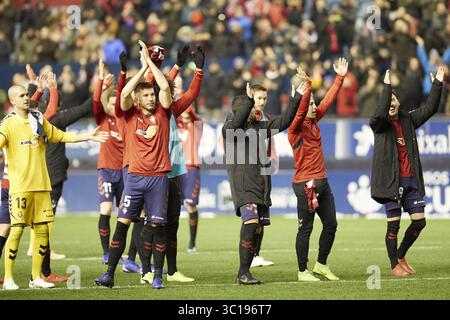 3 febbraio 2019 - Pamplona, Spagna - i giocatori DEL CA Osasuna festeggiano la vittoria dopo il calcio spagnolo della Liga 123, partita tra CA Osasuna e Granada CF allo stadio Sadar di Pamplona (Navarra), Spagna. (Immagine di credito: © Fernando Pidal/SOPA Images via ZUMA Wire) Foto Stock