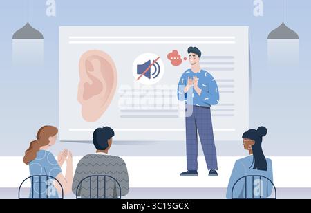 Uomo che insegna il linguaggio dei segni al pubblico. Illustrazione vettoriale Illustrazione Vettoriale